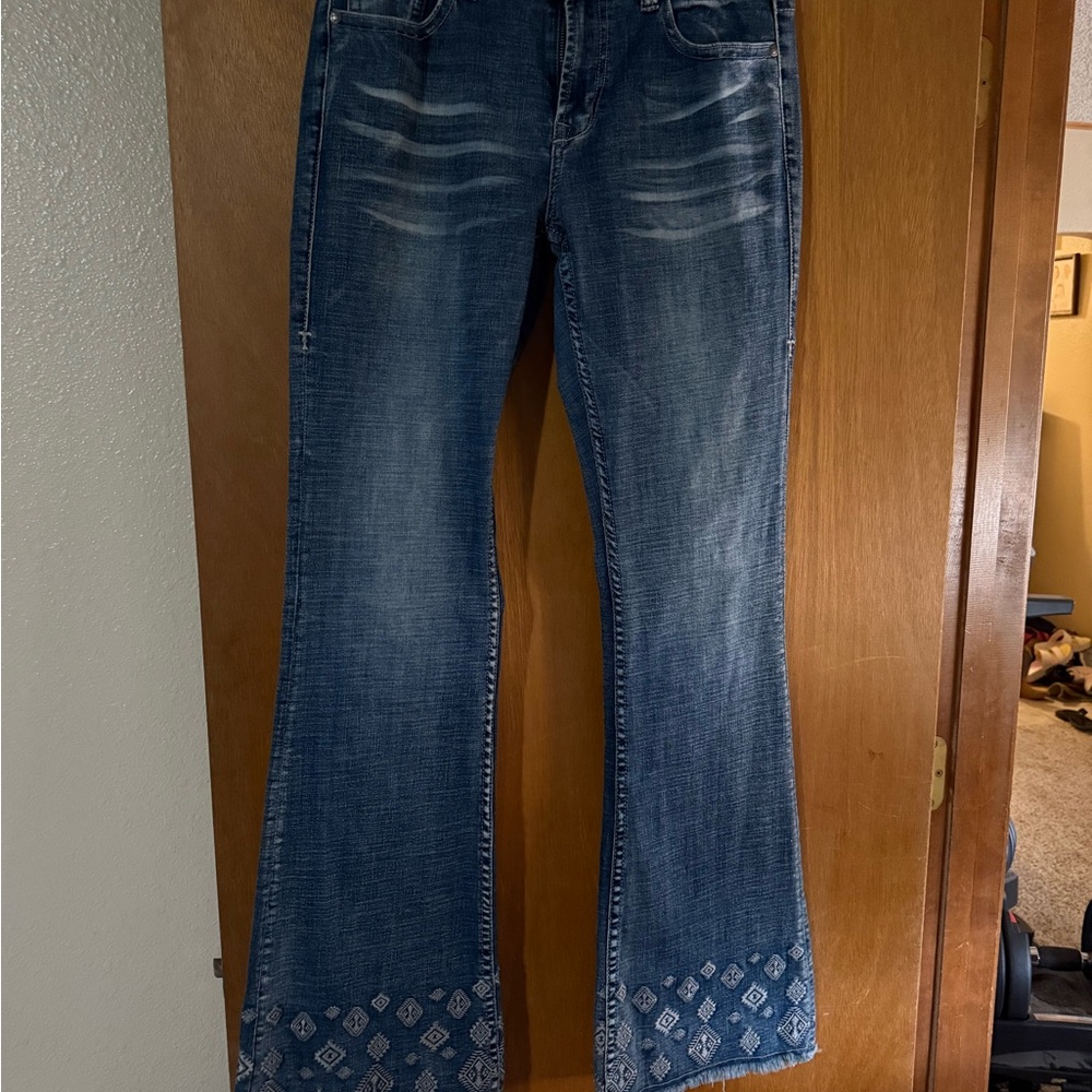 Cowgirl Tuff Dark Blue Flare Jeans with Patterned Hem *Tall* 32x35